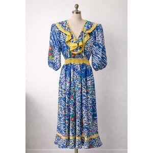 Vintage Susan Freis Vibrant Ruffle Bias Cut Midi Dress Assorti 80s Size Small